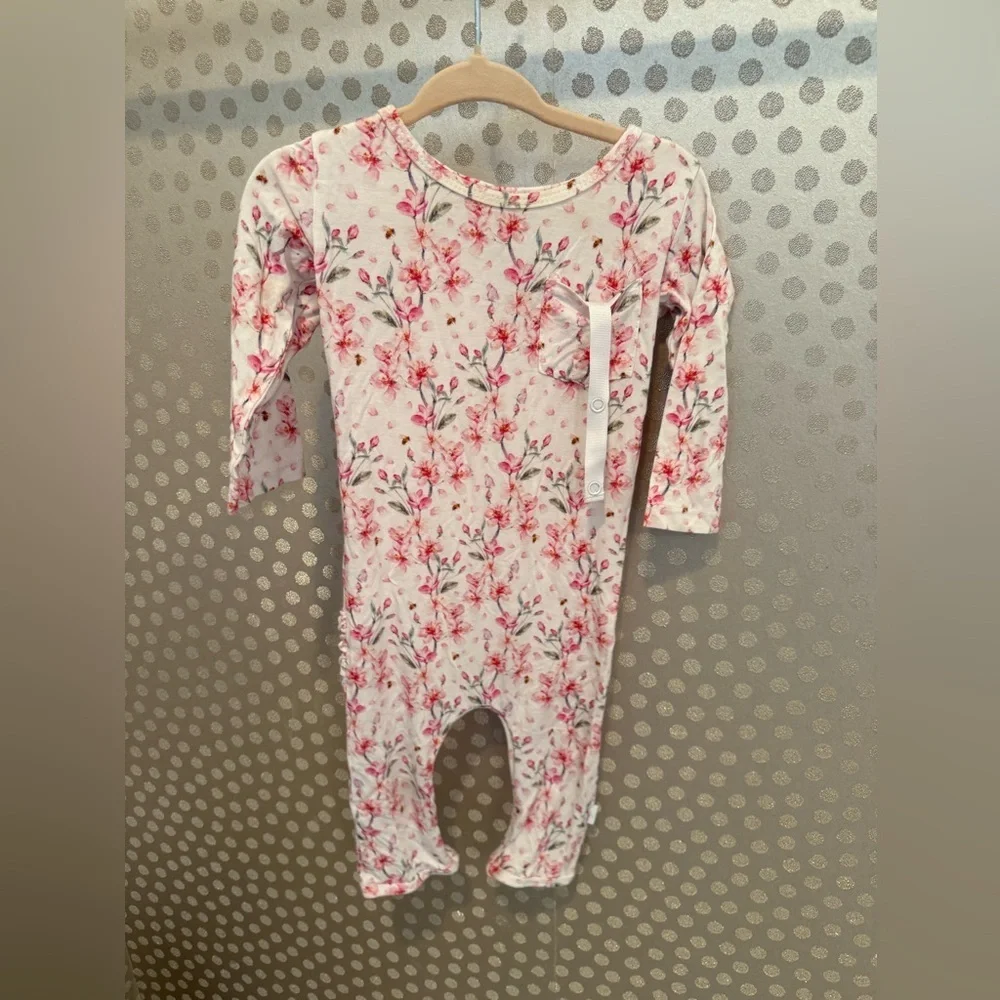 Pacifier clip onesie with quick change zipper inseam Floral Long Sleeve Bodysuit